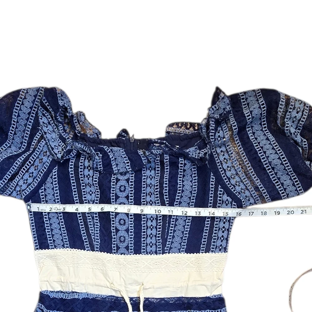 Malta Blue Lace Maxi Dress | Puff Sleeve Boho Cottagecore | Size M - Picture 3 of 7